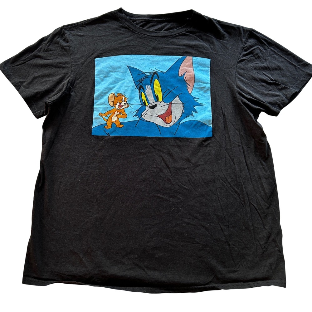 Tom and Jerry Mens Graphic T-Shirt Black Short Sleeve Cartoon Retro Crew Neck